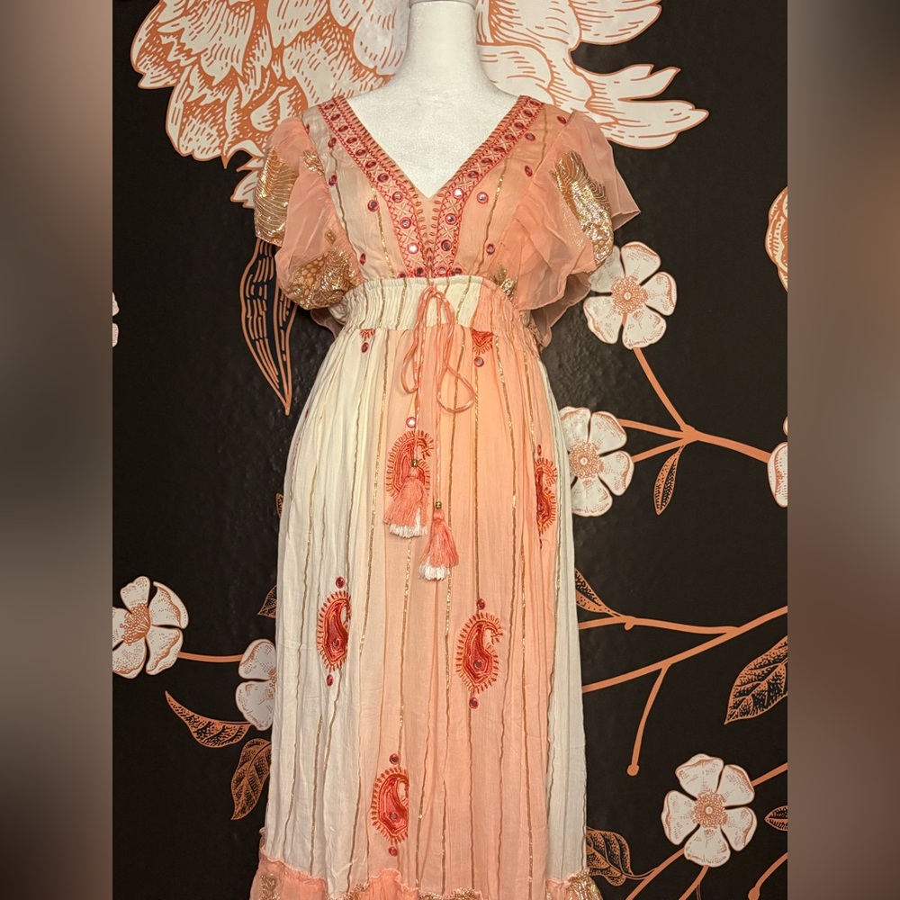 Palak Pink & Cream Embroidered Tassel Maxi Dress